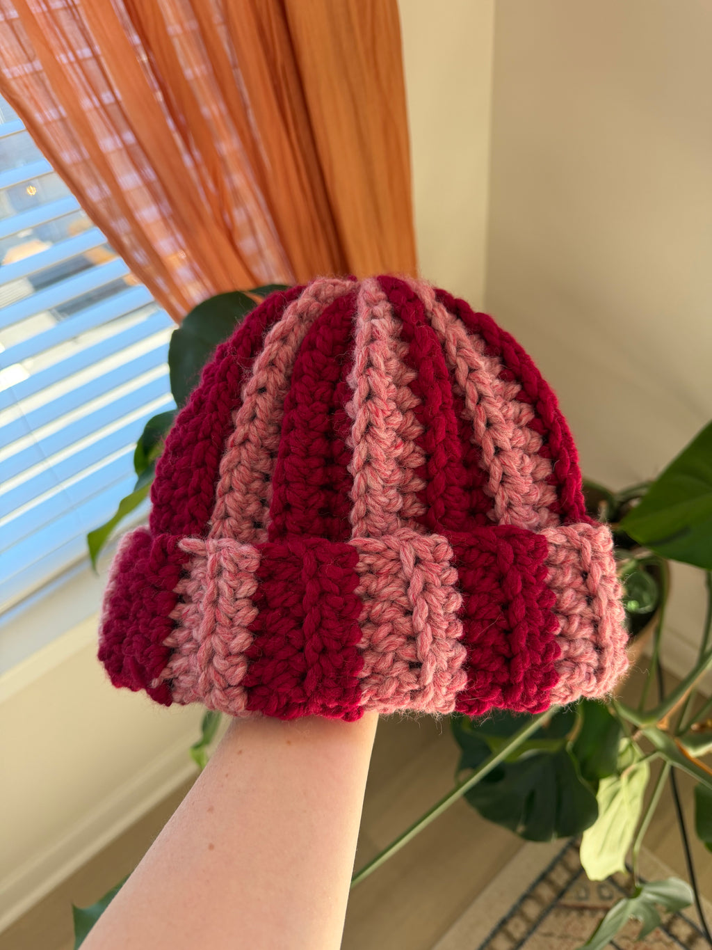 red & pink chunky stripped beanie